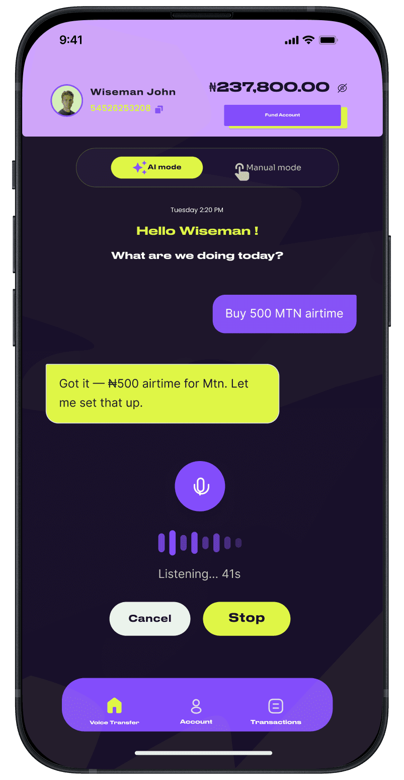 Etegram.AI chat buying MTN airtime while the assistant listens